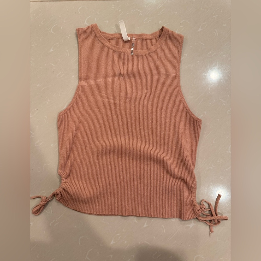 Brown Ribbed Sleeveless Tank Top with Tie Front